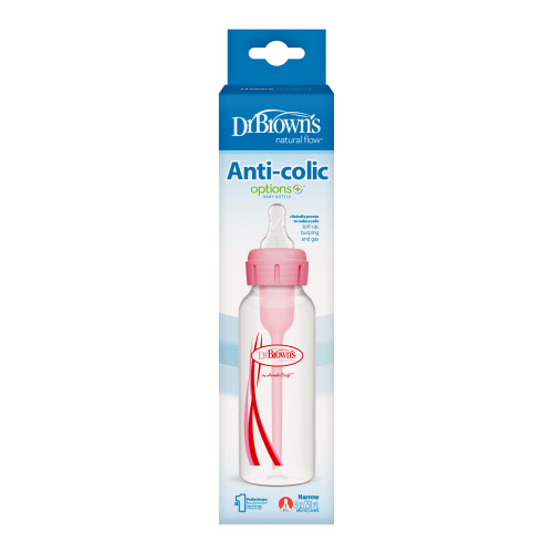 Dr. Brown's Natural Flow Anti-Colic Options+ Narrow Baby Bottle, 8oz/250mL, with Level 1 Slow Flow Nipple, 1-Pack, Pink, 0m+