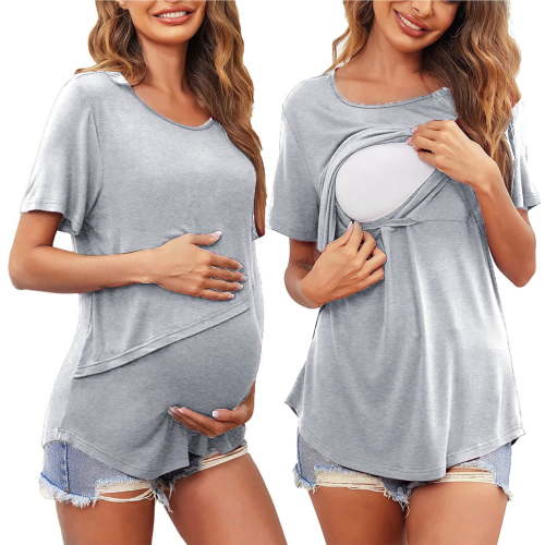 Tejiojio Maternity/Labor/Nursing Clothing Summer Women Maternity Clothes Round Neck Short Sleeve Ruffle Fold Pregnant Tops