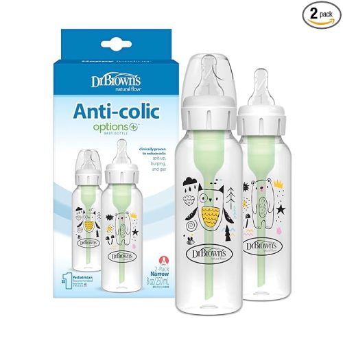 Dr. Brown's Natural Flow Anti-Colic Options+ Narrow Baby Bottle, Bear and Owl, 8 oz/250 mL, with Level 1 Slow Flow Nipple, BPA Free, 0m+, 2-Pack