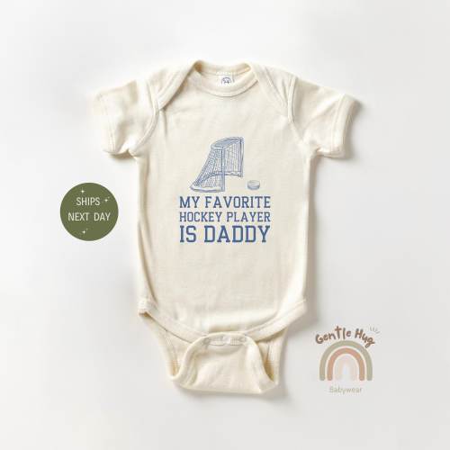 My Favorite Hockey Player Is My Daddy Baby Bodysuit, Daddy's Hockey Buddy Onesie®, Hockey Lover Baby Onesie®, Natural Baby Shower Gift,