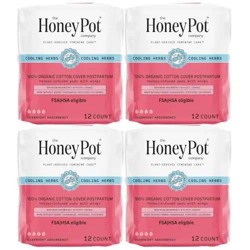 The Honey Pot Company - 48ct - Herbal Postpartum Pads w/Wings - Infused w/Essential Oils for Cooling Effect, Organic Cotton Cover, & Ultra-Absorbent