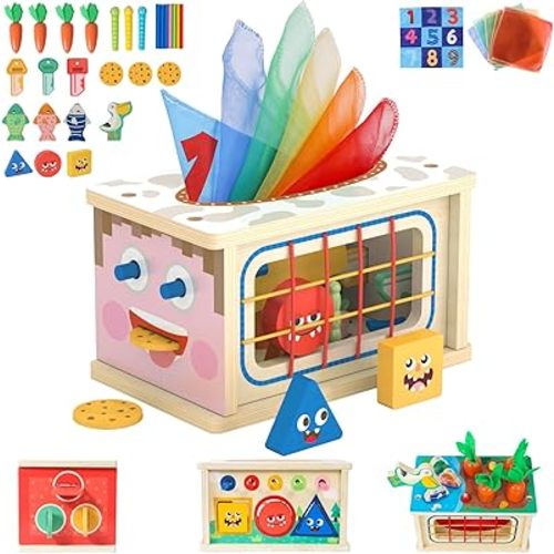 Ancaixin 8-in-1 Montessori Baby Tissue Box Toy for 12+ Months, Wooden Activity Cube, Puzzles 12-18 Months, Sensory Toys for Toddlers 1-3 Preschool Learning, 1 Year Old Boys Girls Baby Birthday Gift