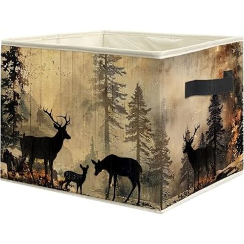Vintage Camping Forest Deer Nursery Storage Bin Box with Handles, Farmhouse Rustic Deer Foldable Linen Fabric Laundry Basket for Kids Room Nursery Playroom Bathroom Home Clothes Toys Books