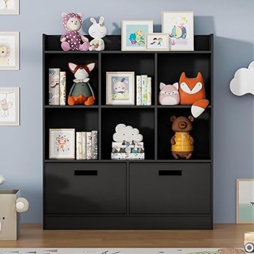 8 Cube Kids Bookshelf with Fabric Drawers, 3-Tier Wooden Open Shelf Bookcase, Freestanding Book Shelves, Kids Bookcase Cubby Storage Organizer for Bedroom, Living Room, Office, Black