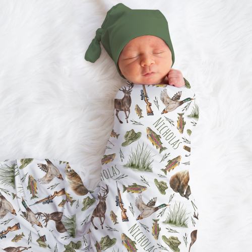 Personalized Hunting Swaddle Blanket Fishing Name Baby Blanket Newborn Baby Boy Coming Home Outfit Hospital Photo Outfit Baby Shower Gift
