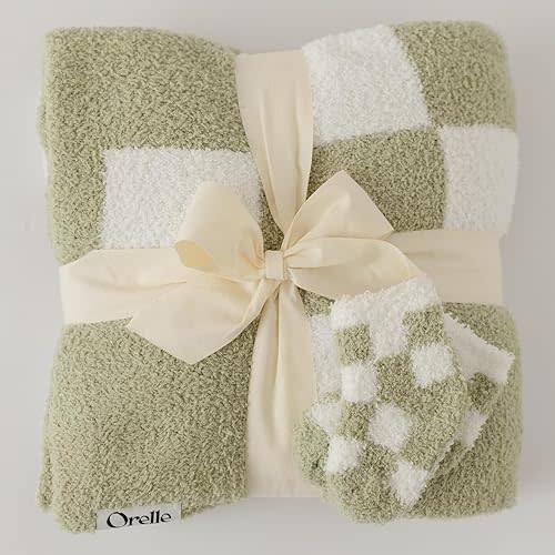 Orelle Checkered Baby Blanket & Matching Socks Set | Cozy Baby Blanket | Soft Plush Blankie | Gender Neutral Checkered Nursery Decor | Newborn Registry Must Have | Sage Green