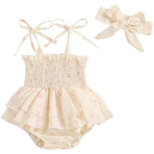 Infant Baby Girls Romper Dress 3 6 9 12 18 Months Onesie Summer Clothes Ruched Jumpsuits Hem Bodysuits Headband