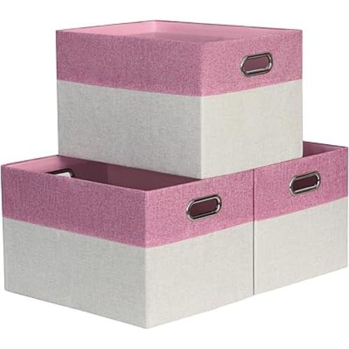 Storage Bins for Shelves, 15x11x9.5 inch Fabric Home Decor Organizer Baskets, Collapsible Closet Clothes Organizing Bins, 3 Pack, Pink & Beige