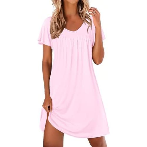 Ekouaer Nightgowns for Women Short Sleeve Sleep Shirts Pleated Night Dress V Neck Night Shirts Soft House Dress