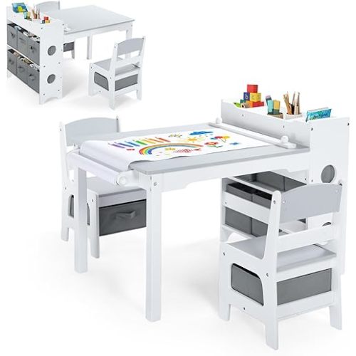 Kids Toddler Table and Chair Set with Storage, Toddler Activity Table for Kids Drawing, Reading, Studying, Crafting, Playing & Snack, 8 Removable Bins, 393.8*13.8 Inch Paper Roll for Playroom, Nursery