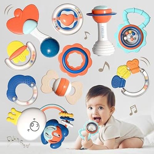 Evoceler Baby Rattles - 10 Pcs Food Grade Teething Toys 0-12 Months, Features Rattle Sound, Soft Baby Rattles 0-6 Months for Gums Soothing, Baby Teether Baby Shower Gifts with Storage Box