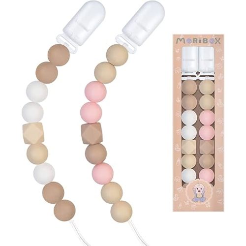 Pacifier Clips for Baby Boys Girls (Beige, Pink)