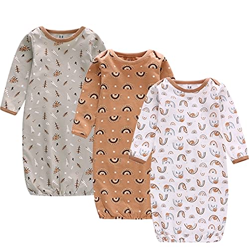 Baby Newborn Gown, 3 Packs Baby Sleeping Bag, Long Sleeve Sleep Sack, Cotton Cloths for Newborn Boys Girls 0-12 Months