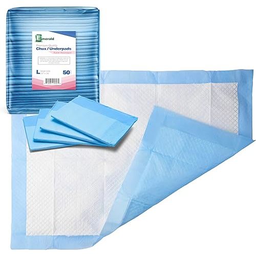 Emerald Incontinence Underpads, 50 Pads, Waterproof Plastic Backing, Highly Absorbent Cotton Fluff, Non-Skid, for Bedwetting, Pets, Seniors