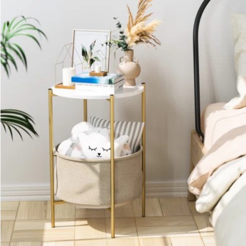 17 Stories Kedesha Iron Round Side Table with Cloth Basket and Removable Top | Wayfair