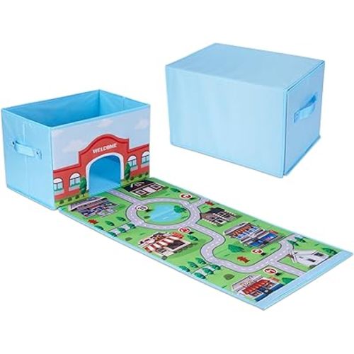 SAM AND MABEL Toy Cars Garage Box – Toy Storage Box with Car Rug Play Mat, Collapsible Storage Organizer for Boys and Girls (GoPlaces)
