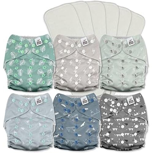 Mama Koala 3.0 Cloth Diapers for Babies with AWJ Lining, 6 Pack with 6 5-Layer Natural(No Microfiber) Cloth Diaper Inserts - Reusable and Washable Pocket Diapers(A-The Gray Sky)