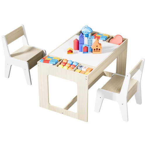 Arlopu Kids Table and Chair Set with Blackboard and Storage Space for Drawing, Reading, Build Blocks