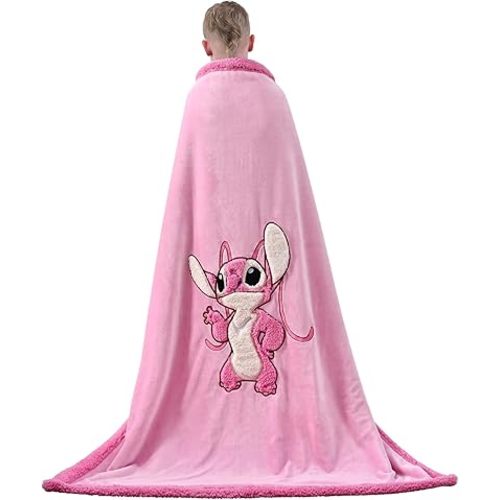 Cartoon Embroidery Sherpa Flannel Blanket Throw for Kids, Soft Warm Cozy Plush Blanket for Couch Bed Sofa (Angel Stitch, Throw(50''×60''))