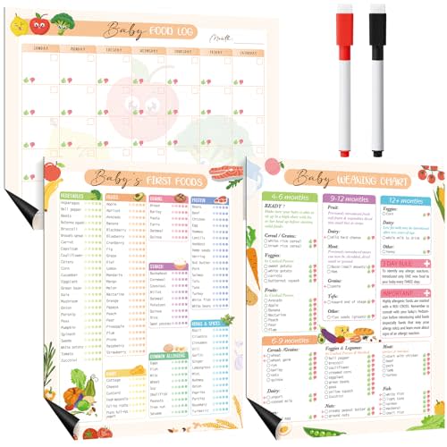 Pasimy 3 Pcs Baby's First Food Tracker Magnet Weaning Chart 11"x14" Baby Food Log Checklist Daily Meal Planner Journal with 2 Dry-Erase Markers 6 to 12 Months Newborn Fridge Recipes List Essentials