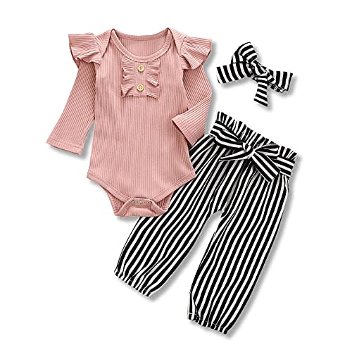 Kislio Newborn Baby Girls Clothes Ribbed Ruffled Romper+Floral Pants+Headband Infant Outfit Set