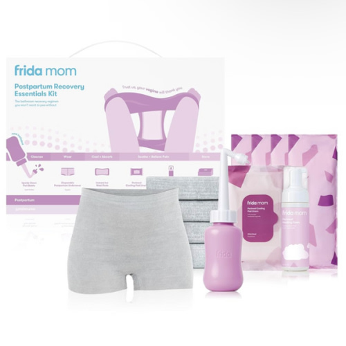 Frida Mom 11pc Postpartum Essentials Kit Gift Set, Hospital Bag Must Haves for New Mom, Includes 4 Disposable Postpartum Underwear, 4 Ice Maxi Pads, Perineal Healing Foam & 24 Pad Liners & Peri Bottle