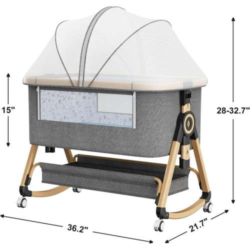Datingday Convertible Bedside Bassinet with Rocking & Crib Modes, Portable Baby Crib with Mosquito Net,6-Height Adjustable, Storage Basket, Breathable Mesh Sides for Safe Infant Sleep,Brown