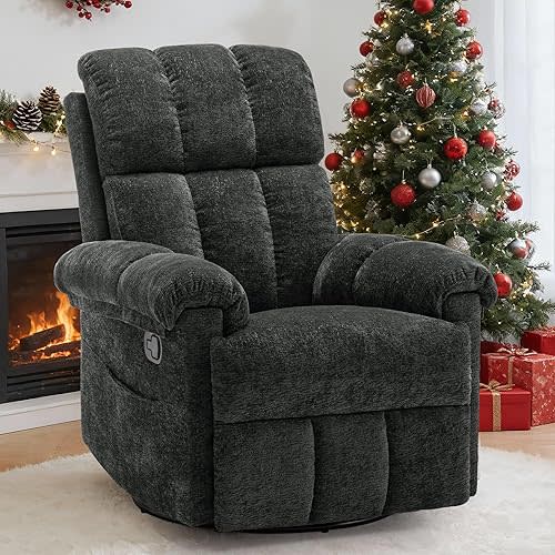 Recliner Chair, Swivel Rocker Recliner Chair for Adults, Small Recliners for Small Spaces, Upholstered Manual Recliner with Side Pockets, Nursery Rocking Chair for Living Room, Chenille, Black