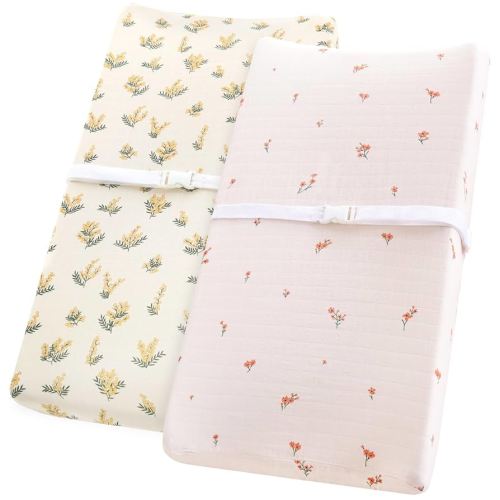 LifeTree Diaper Changing Pad Cover Unisex - Soft Muslin Fitted Changing Table Sheets for Boys Girls - 16"x32" Organic Cotton - Acacia and Flower