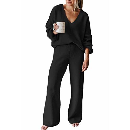 Viottiset Women's 2 Piece Outfits Casual V Neck Knit Wide Leg Sweater Lounge Set Sweatsuit