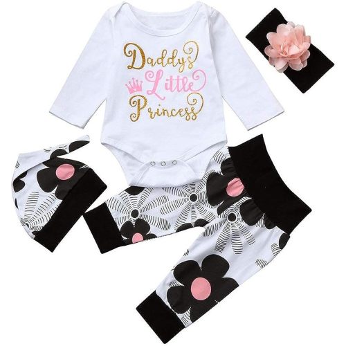 i-Auto Time Cute 4PCs Newborn Kids Baby Girl Daddy Little Princess Romper + Flowers Pants + Hat + Headband Outfit Set (0-3 Months)