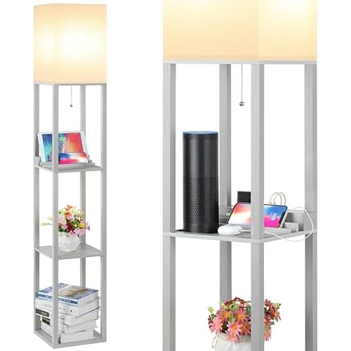SHINE HAI Shelf Lamp, Modern Standing Ligths with 2 USB Ports and 1 Power Outlet, 3-Tiered Display Floor Lamps with Shelves for Living Room, Bedroom and Office - Gray