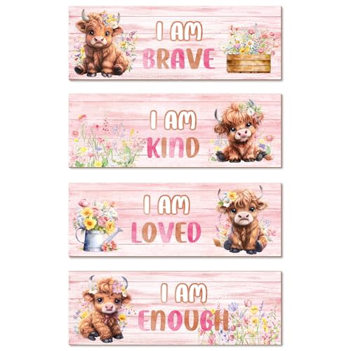 CroBlissful 4 Pcs Highland Cow Girls Bedroom Wall Decor Pink Cow Wall Art Wildflower Watercolor I Am Loved Wooden Decoration Inspirational Quote for Toddler Girl Nursery Room Hanging Decor