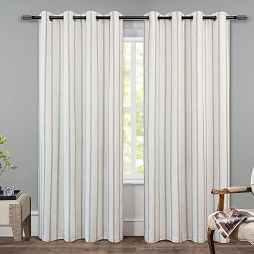 DriftAway Farmhouse Linen Blend Blackout Curtains 84 Inches Long for Bedroom Vertical Striped Printed Linen Curtains Thermal Insulated Lined Treatments for Living Room 2 Panels W52 x L84 Grey