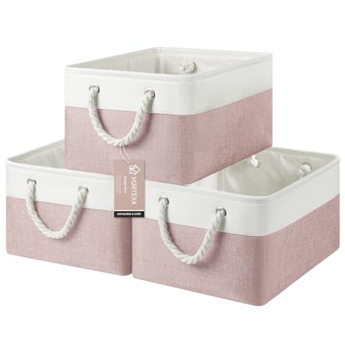 VQRTEXA Storage Baskets, Fabric Storage Bins, Versatile Storage Baskets for Shelves with Handles, Large Closet Organizers for Shelves, Clothing, Toys, Books (3-Pack 15.7x11.8x8.2 inch, White&Pink