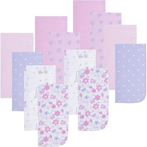 EVERYDAY KIDS 12 Pack Burp Cloths for Baby Girl - Paris, Flowers and Hearts