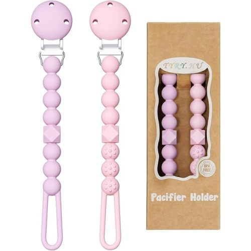 TYRY.HU Silicone Pacifier Holder Clip with One Piece Beads for Boys and Girls, Soft Flexible Rust-Free Binky Clips with Texture, Keeps Pacifier Clean, Safe for Newborn, Fits Most Pacifiers, 2 Pack