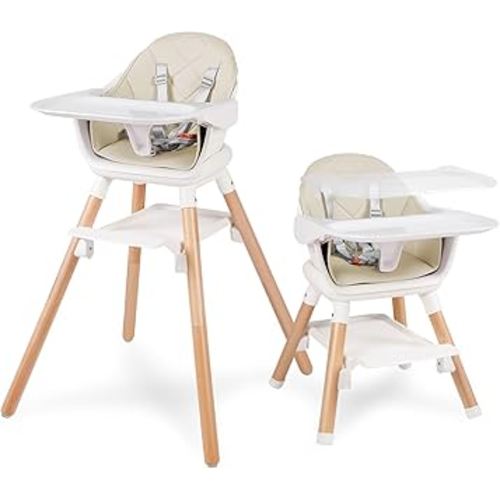 6 in 1 Baby High Chair, Convertible Wooden High Chairs/Booster Seat for Babies and Toddlers, Baby Feeding Chair with 5-Point Harness/Double Removable Tray & Adjustable Footrest (Beige)