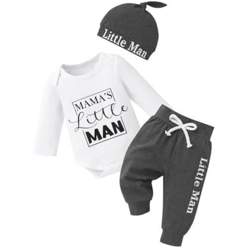 TUEMOS Newborn Infant Baby Boy Clothes Letter Print Romper Pants Set Hat 3PC Outfits Set