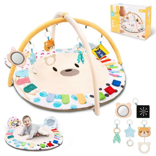 Baby Play Gym, Thickened and Non Slip Activity Mat, 5 Developmental Zones Tummy Time Mat with 5 Detachable Sensory Toys for Motor Skills, Baby Essentials Shower Gift Box(Bear)