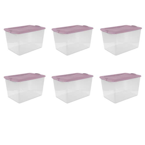 Sterilite Large Storage Bin, 66 Quart Clear Plastic Storage Container with Latch Lid, Lilac, Pack of 6