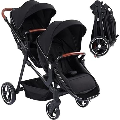 GAOMON Double Stroller Track Tandem Stroller for Infant and Toddler, Foldable Pushchair Bassinet Pram, Multi-Position Reversible & Adjustable Backrest, Large Storage Basket and Canopy