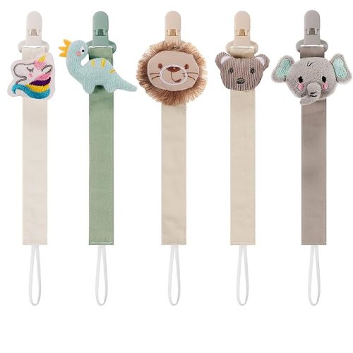 5 Pack Pacifier Clip for Baby Boys and Girls, Multicolor Fabric Straps,5pcs Straps, Approx. 11 in / 29 cm, Resin Clips with Inner Grip Design, Fits Most Pacifiers with Handles