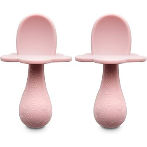 Grabease Baby Silicone Spoon Set for Baby-Led Weaning & First Stage Self-Feeding: Soft, Safe 100% Food-Grade Silicone, Safe for Dishwasher, No BPA/PVC/Latex/Phthalates, Set of 2 Blush Spoons