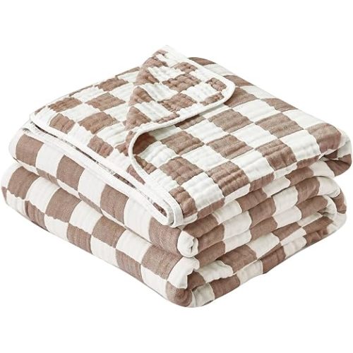 Ultra Soft Cozy 6-Layer Muslin Cotton Baby Blanket Breathable Lightweight Checkered Swaddle Blankets All Seasons Both Sides (Blue)