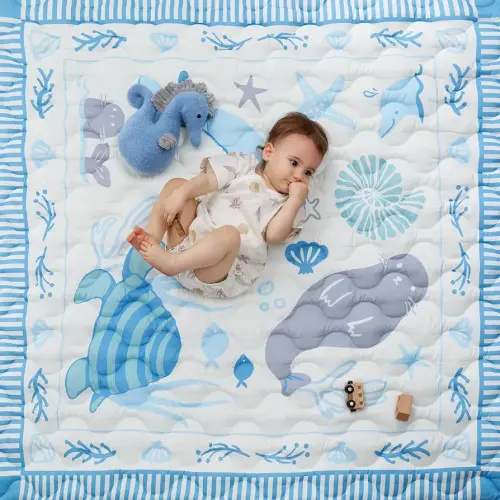 Momcozy Baby Play Mat for Floor, 50x50 Thickened Playpen Mat, Playmate for Baby Tummy Time, Waterproof & Non-Slip, Foldable Outdoor Mat with Carrying Handle, Ocean Theam