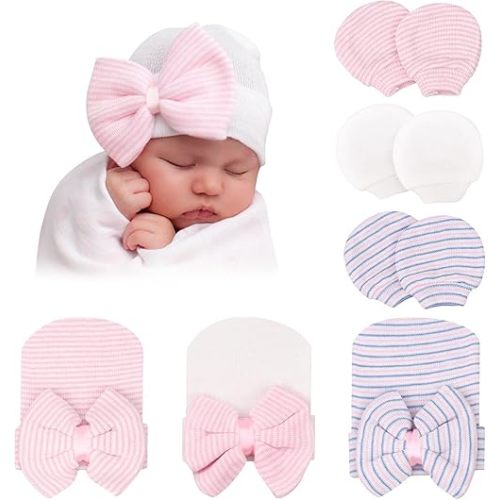DRESHOW BQUBO Newborn Hospital Hat and Mittens Infant Baby Beanie Soft Cotton Cute Knot Nursery Cap for 0-3 Months Girls Boys