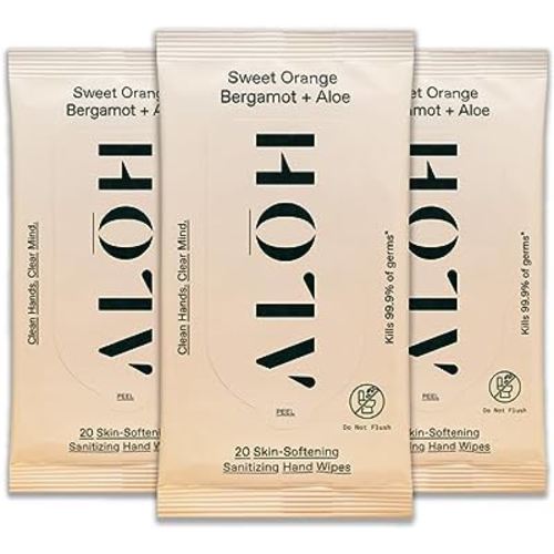 ALŌH Sweet Orange Bergamot + Aloe Sanitizing Hand Wipes - Clean Hands, Clear Mind - On The Go Hand Sanitizing Wipes for Kids and Adults - Travel Size 3 Pack 20ct Wipes (60 wipes)