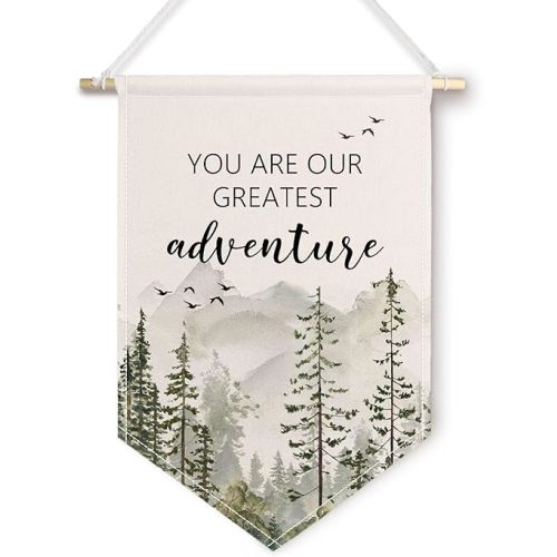 ChissNook Woodland Nursery Canvas Banner, You Are Our Greatest Adventure Mountain Forest Hanging Pennant Banner Flags Wall Display, Mountain Nursery Wall Decor for Kids Room Bedroom Playroom