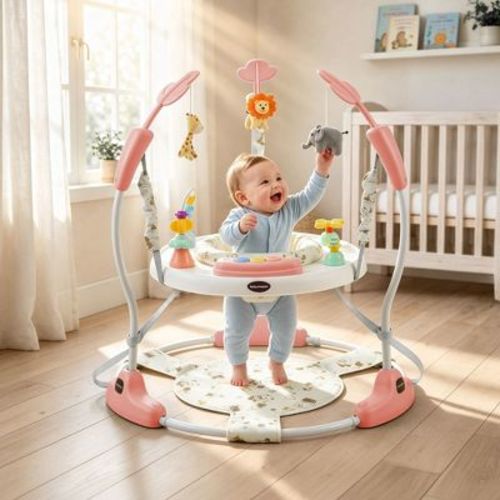 TODECARE 3-in-1 Baby Activity Jumper – 360° Rotating Seat, 3-Level Adjustable Height, Interactive Toys, Removable Foot Mat, Pink